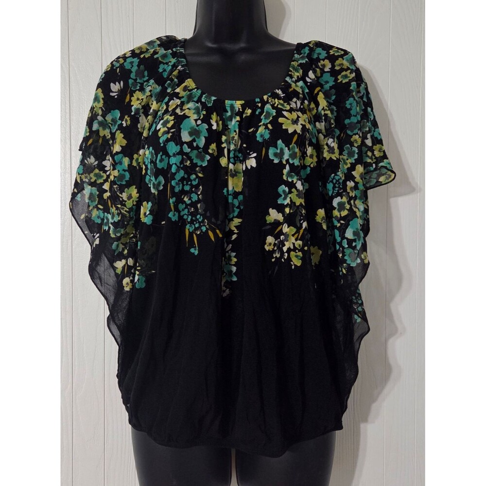 Small Apt. 9 Black Tunic with Teal & Lime Floral Overlay